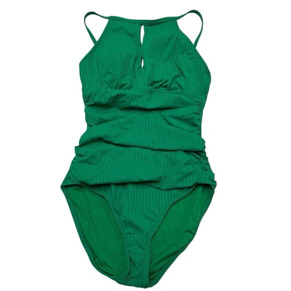 Ellen Tracy Swimsuit Womens 6 Green Ribbed One Piece Keyhole High Neck Resort - Picture 1 of 5